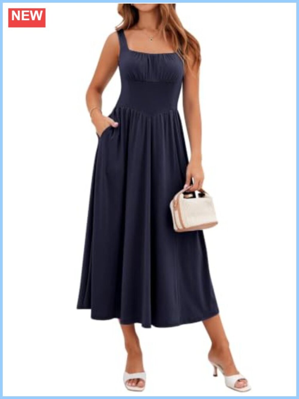 Square Neck Sleeveless Midi Dress A-Line Flowy Sundress with Pockets